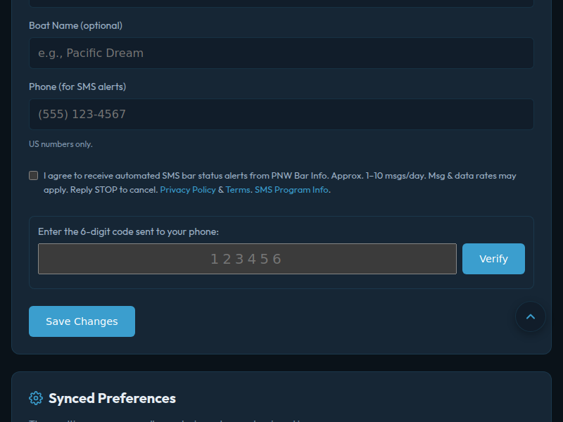 SMS alert toggle on individual bar subscription